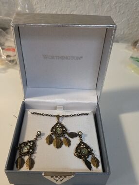 Worthington Gold-Tone Opalescent Green Pendant Necklace with Matching Earrings